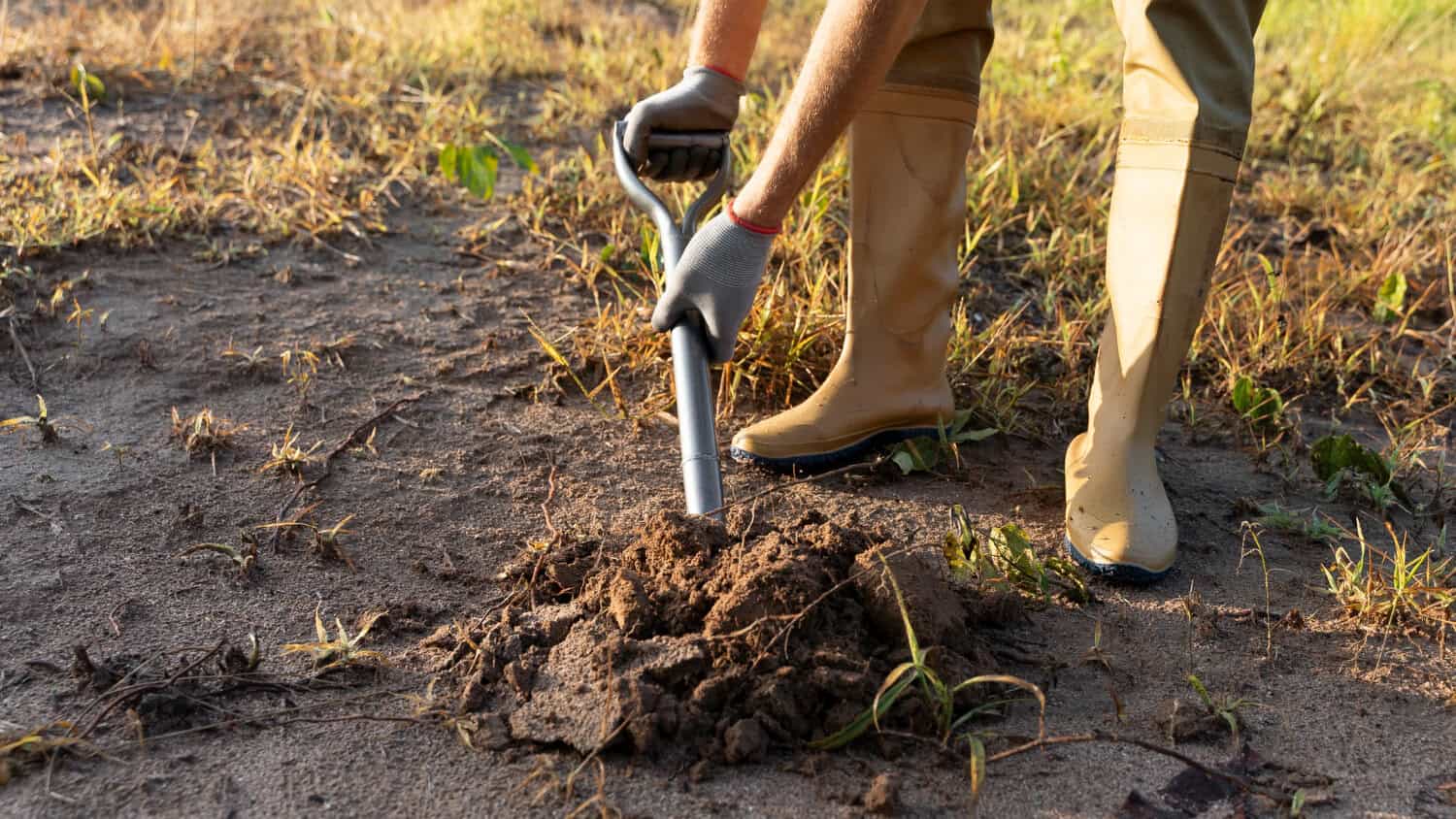 Gardener in rubber boots driving a shovel into rough ground
