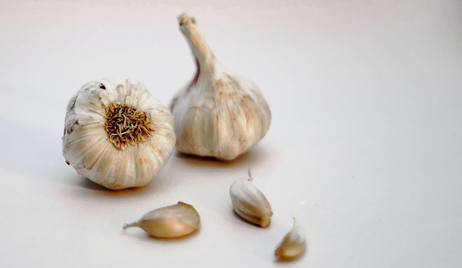 Garlic bulbs and loose cloves on a plain white surface